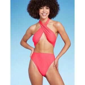 Wild Fable Cross Front Halter One Piece Swimsuit Coral NWT Size XS